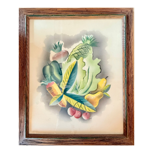 1950s Mid Century Fruit and Veg Water Color Still Life Painting in Wooden Frame