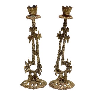 Brutalist Judaica Shabbat Candlesticks by Wainberg C. 1960's Pair For Sale