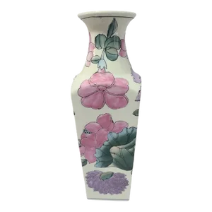 Vintage Macau Chinese White Porcelain Hand Painted Lotus Floral Square Form Vase