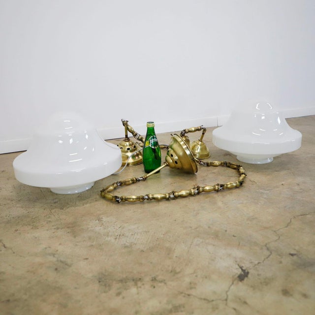 1930s Art Deco Milk Glass Pendant Lights Beautiful Long Chains Made of Brass - a Pair For Sale - Image 16 of 16