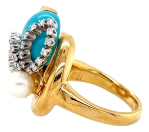 Gucci Diamond Turquoise Pearl Horsebit Bee 18k Gold Ring - Size 6