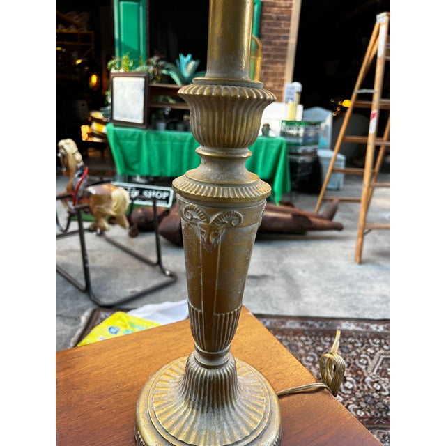 1970s Brass Tall Table Lamp With Ibex Details and Lampshade Included For Sale In Atlanta - Image 6 of 12