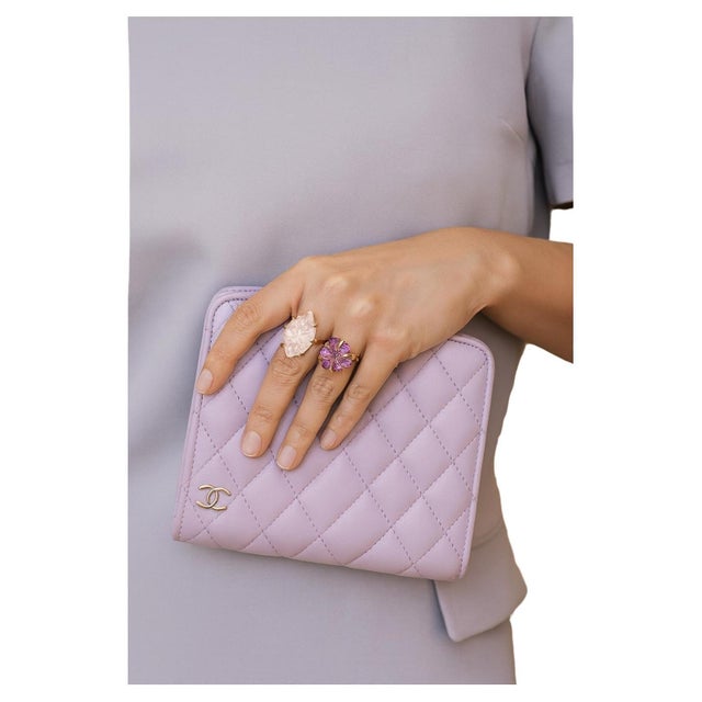 Bochic "Orient" Vintage Carved Pink Quartz & Amethyst Ring Set In 18K Gold & Silver For Sale - Image 15 of 18