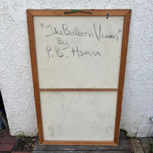 1960s Paul Blaine Henrie “The Balloon Vendor” Large Mid-Century Oil Painting, 30x48 For Sale - Image 14 of 18