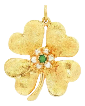 Vintage 14kyg Four Leaf Clover Charm With Cultured Pearls and Green Onyx
