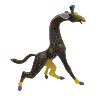 Oaxacan Alebrije Hand Carved Giraffe Mexico Wood Folk Art Large Animal Figurine For Sale