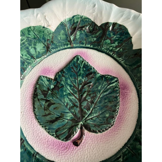 Vintage Italian Majolica Hand-Painted Grape Leaf Plate For Sale In Houston - Image 6 of 9