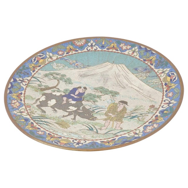 Meiji Period Japanese Cloisonne Enamel Plate Featuring Water Buffalo Mt Fuji For Sale - Image 4 of 5