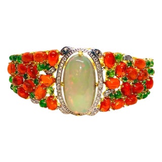 Bochic “Capri” Vintage Diamond, Black Opal & Tsevorite Bracelet Set In 18K & Silver For Sale