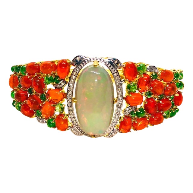 Bochic “Capri” Vintage Diamond, Black Opal & Tsevorite Bracelet Set In 18K & Silver For Sale