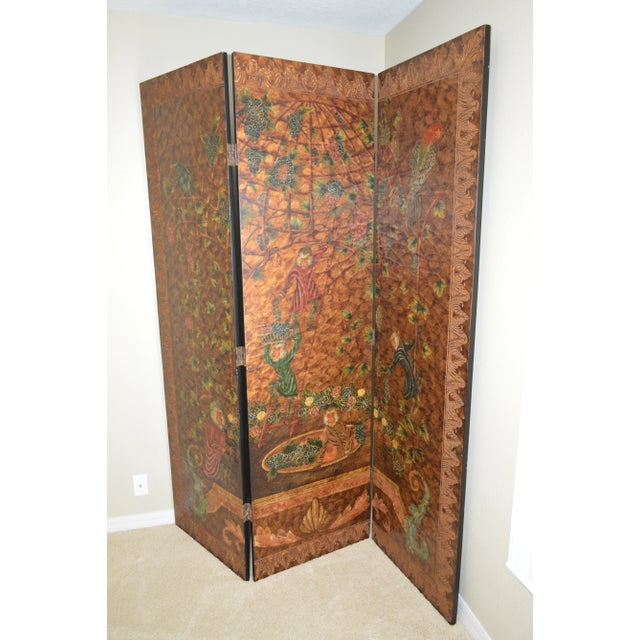 Asian Tri-Fold Hand Painted Lacquer Room Divider For Sale - Image 12 of 12