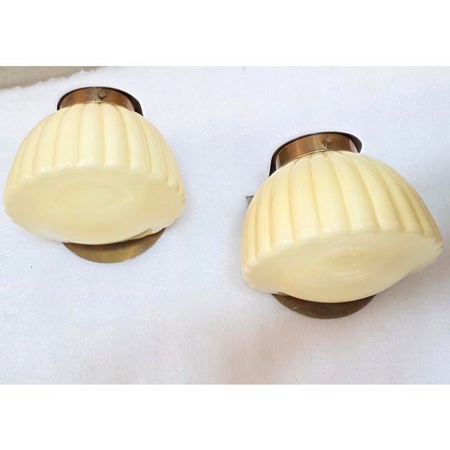 Pair Vintage Art Deco Light Old Lamp Wall Sconces Fixture Brass & Ribbed Cream Milk Glass Shade Lamp Ship Light For Sale - Image 4 of 8