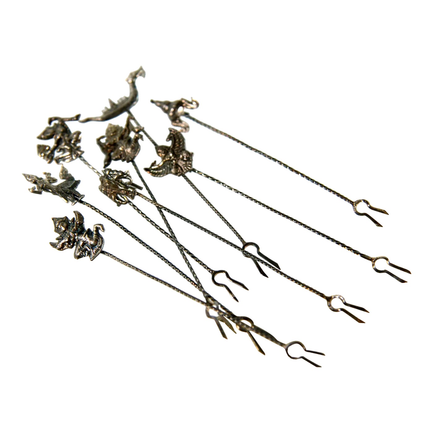 Sterling Silver Thai Buddhist Cocktail Forks / Hors d'Oeuvre Picks - Set of 8