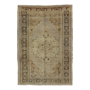 Vintage Turkish Floral Medallion Oushak Rug in Tan, Brown, and Beige 7'10" X11'5"