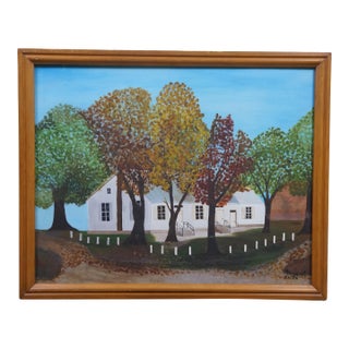 Margaret Skiles White Farmhouse in Autumn Oil Painting on Board 30" For Sale