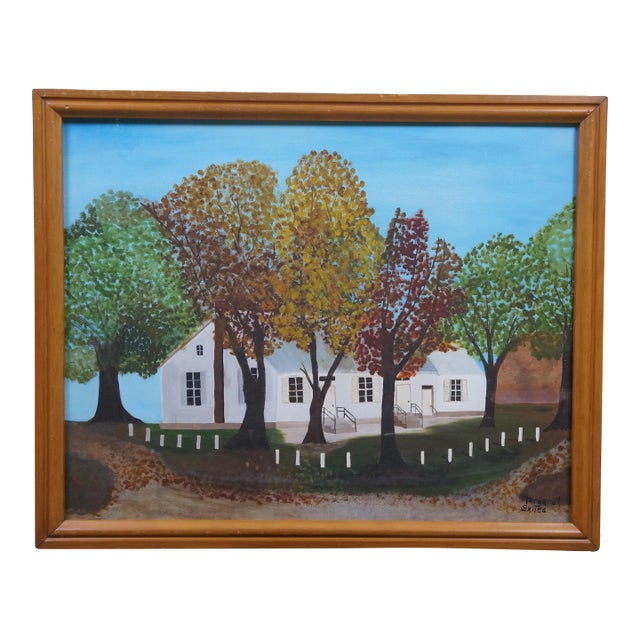 Margaret Skiles White Farmhouse in Autumn Oil Painting on Board 30" For Sale