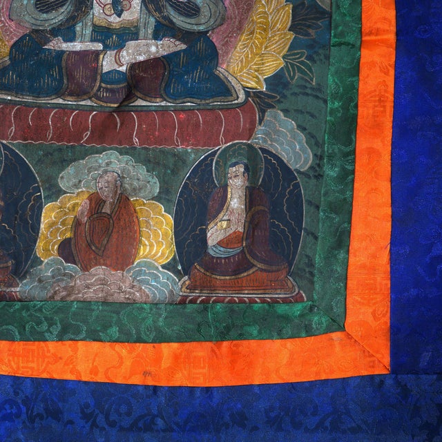 Antique Tibetan Hand Painted Silk and Canvas Thangka with Figures, Circa 1920 For Sale - Image 9 of 11