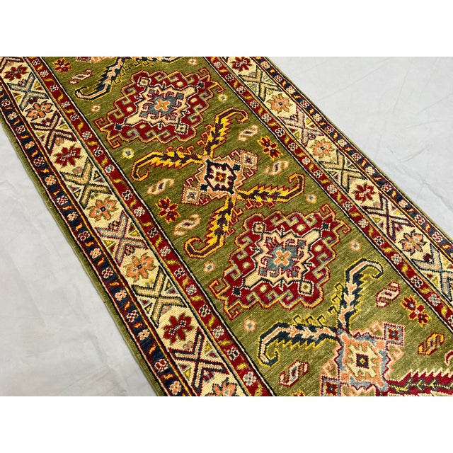 Green Olive Green and Cream Kazak-Style Wool Runner Rug, Natural Dyes, 2'9" X 10' For Sale - Image 8 of 16