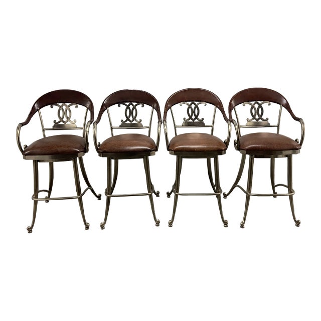 Chrome Swivel Seat Leather Wrapped & Hand-Forged Iron Rustic Modern Counter Height Bar Stools- Set of 4 For Sale