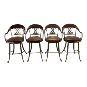 Chrome Swivel Seat Leather Wrapped & Hand-Forged Iron Rustic Modern Counter Height Bar Stools- Set of 4