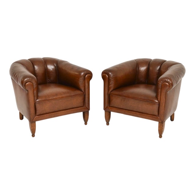 Antique Swedish Leather Club Chairs, 1900s, Set of 2 For Sale