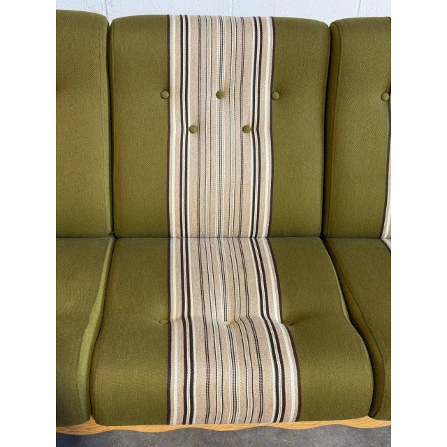 Wood Vintage Danish Oak Sofa in Style of Henning Kjærnulf Green Striped Upholstery Mid Century For Sale - Image 7 of 10