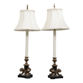 1990s Pair of Bronze Empire Style Candestick Lamps For Sale
