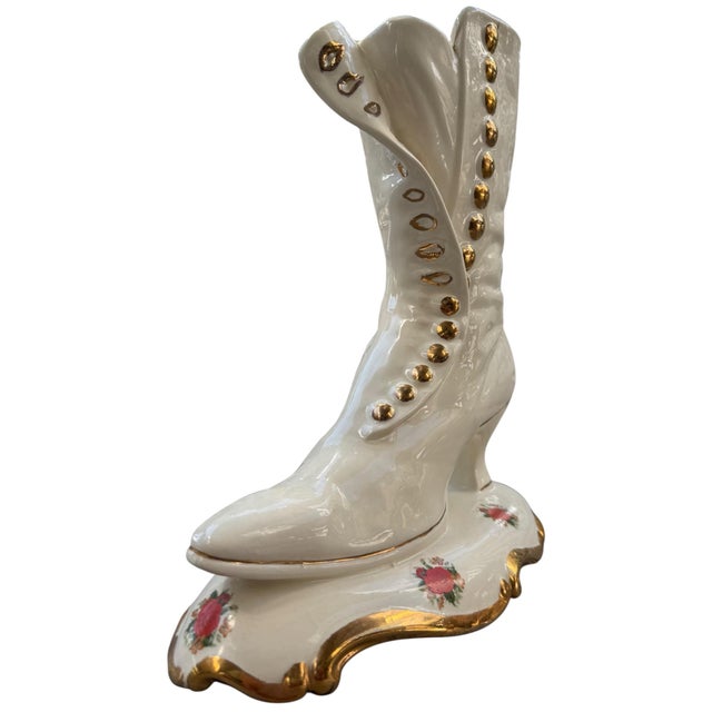 Victorian Large Vintage Porcelain Victorian-Style Boot | White & Gold Floral High-Heel Shoe Sculpture For Sale - Image 3 of 6