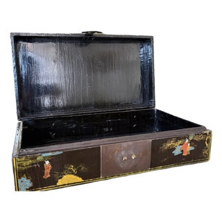 Antique Chinese Export Black Lacquer Chinoiserie Box, Hand-Painted Figures & Cranes For Sale
