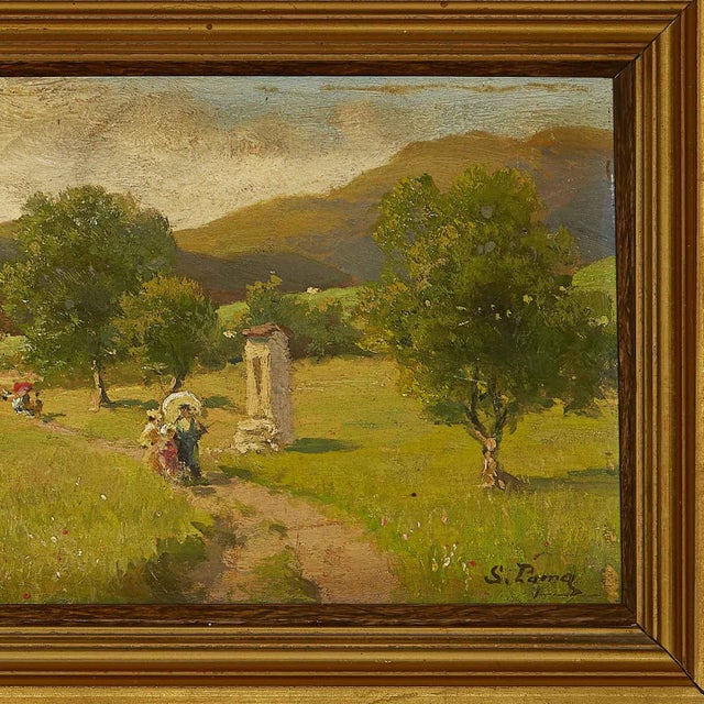 Silvio Poma, Mountain Landscape with a Walk on the Path, 1800s, Oil on Board For Sale - Image 5 of 6
