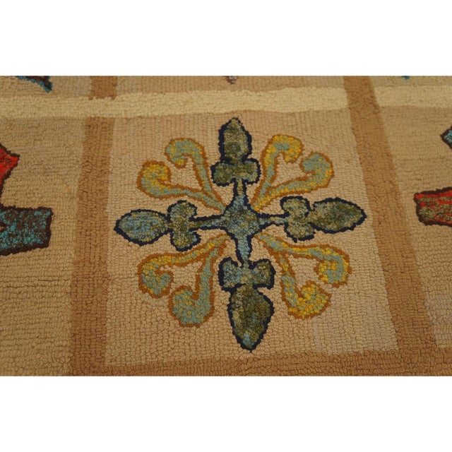 1960s Beige Vintage Geometric Initals Em 63 American Folk Art Hooked Wool Rug For Sale - Image 4 of 9