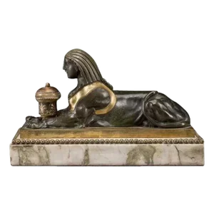 19th Century French Empire Gilt Bronze Sphinx Form Inkwell on Marble Base
