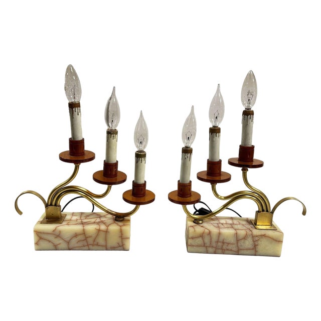 1930s Hollywood Regency Three Candle Bakelite & Brass Table Lamp - a Pair For Sale