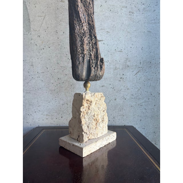 Brown Monumental Organic Coastal Vintage Driftwood Sculpture on Coral Stone Base For Sale - Image 8 of 9