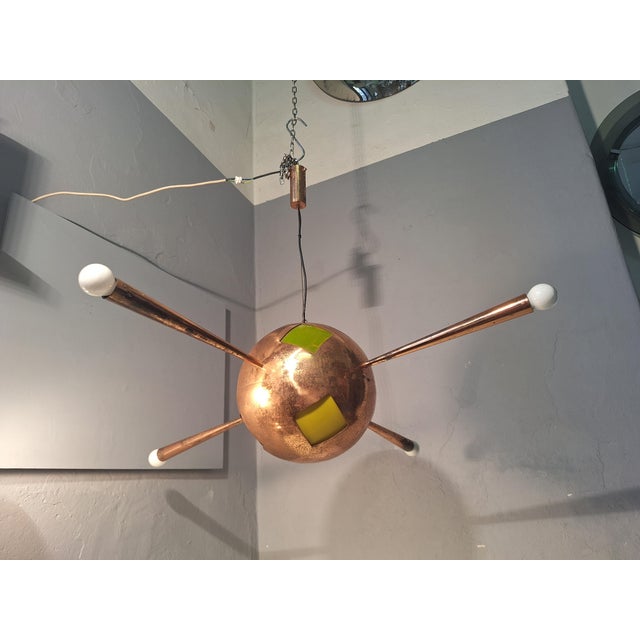 Chandelier in Copper Brass and Colored Glass 4 Copper Cones For Sale - Image 6 of 18