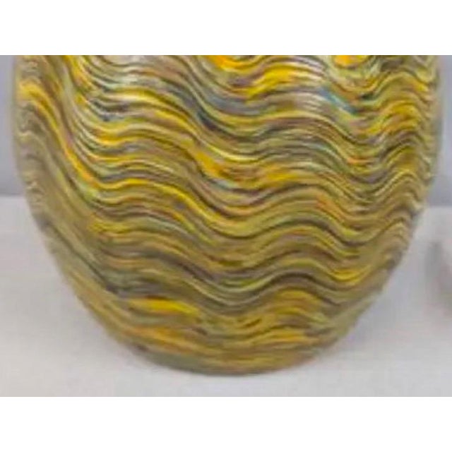 Yellow 1980s Large Hand-Blown Iridescent Studio Art Glass Vase - Pulled Feather Design For Sale - Image 8 of 17