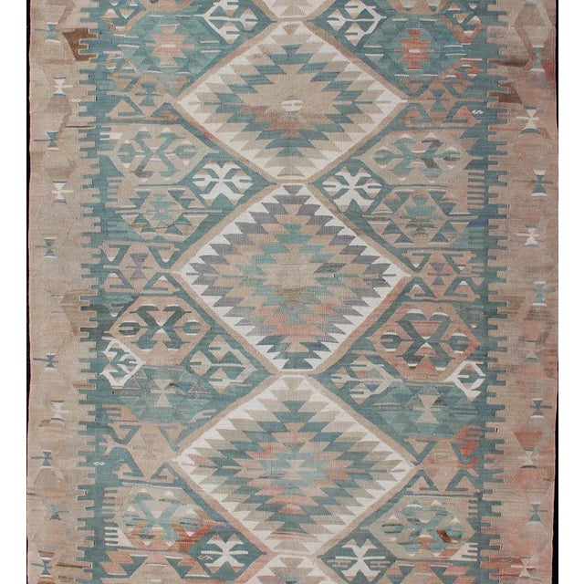 Vintage Turkish Kilim Rug in Soft Blue, Beige, and Muted Coral Geometric Design For Sale - Image 4 of 13