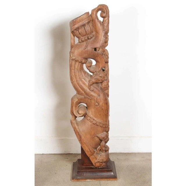 Wood Pair of Antique Indian Carved Wood Architectural Temple Fragments on Stands For Sale - Image 7 of 15