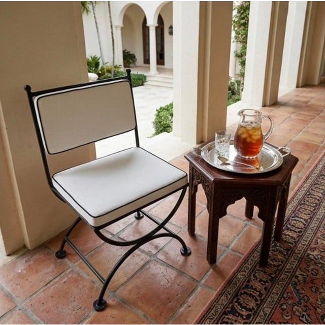 Black Vintage Turkish Powder-Coated Cast Iron Campaign-Style Vanity or Garden Chair With New Custom Cushions For Sale - Image 8 of 11