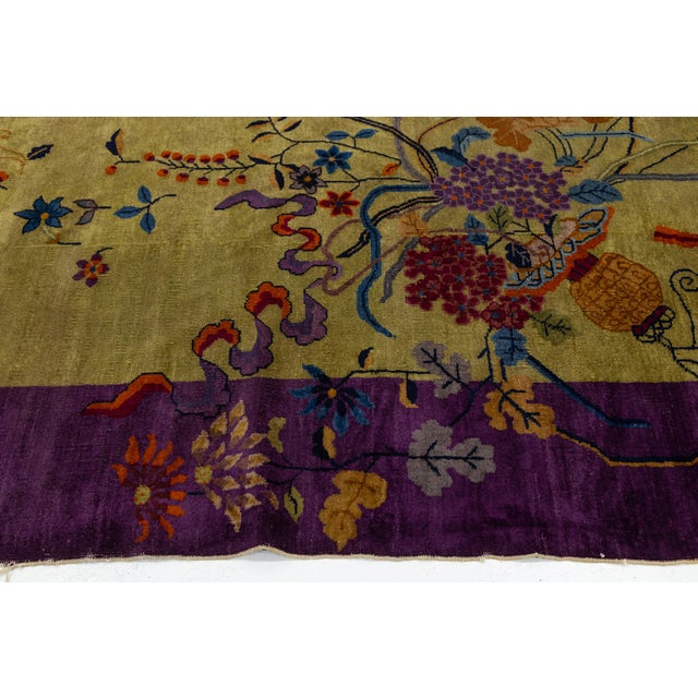 Textile Antique 1920s Art Deco Chinese Rug in Chartreuse Olive and Imperial Violet 9x12 For Sale - Image 7 of 12