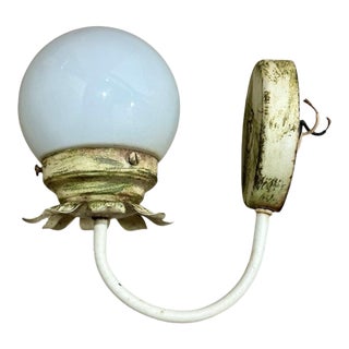Vintage Tole Style Milk Glass Globe & Painted Metal Wall Sconce For Sale