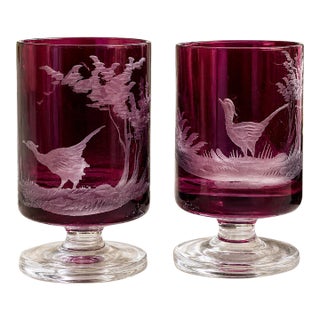 Vintage Riedel Amethyst Cranberry Glass Goblets – Engraved Pheasant Hunt Scene – Pair For Sale