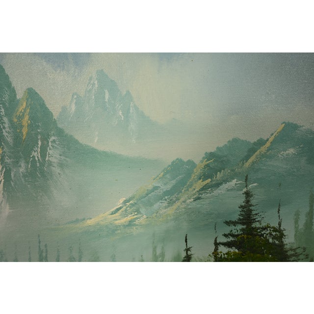 Bob Ross Style Original Signed Mountain River Landscape Oil Painting in Carved Wood Frame For Sale - Image 9 of 16