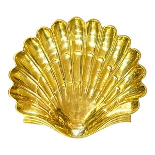 Vintage Large Size Hollywood Regency Brass Clam Shell Dish Catchall For Sale