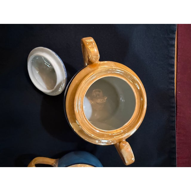 Vintage Hand-Painted Japanese Lusterware Sugar Bowl & Creamer Set, Iridescent Blue and Gold For Sale - Image 4 of 4