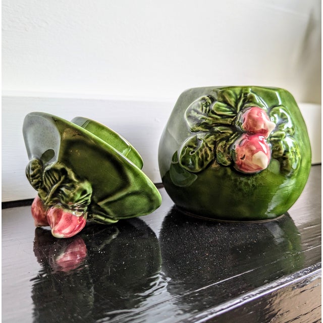 Vintage Portuguese majolica with radish detail. This glazed, lidded jar is the perfect addition to a whimsical tablescape...