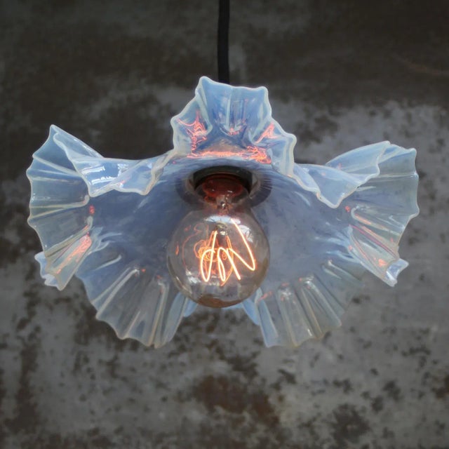 Art Nouveau French Pearl Blue Glass Pendant Light, 1920s For Sale - Image 3 of 7