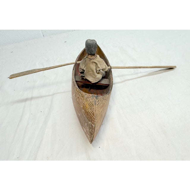 Brown Antique Hand Carved Wood Canadian Inuit Eskimo Art Wood Sculpture Canoe Man For Sale - Image 8 of 12