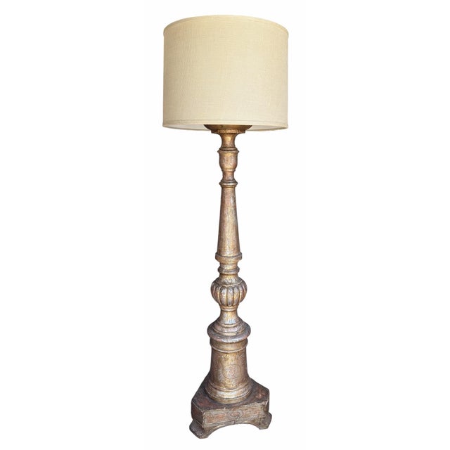 Neoclassical Antique White Gold Giltwood Floor Lamp W Custom Shade For Sale - Image 3 of 5
