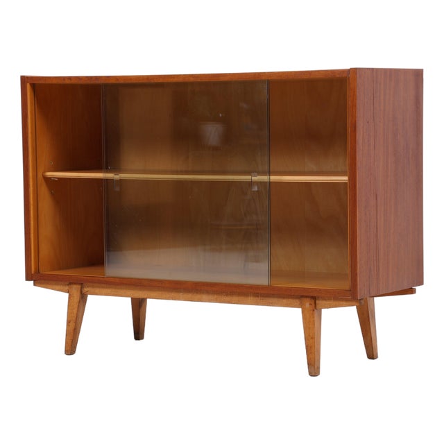 Vintage Walnut Display Cabinet with Glass Sliding Doors For Sale